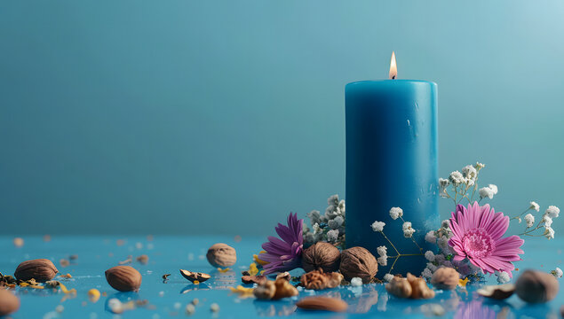 Burning blue candle with a flower on a blue background design