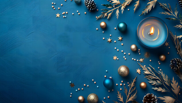 Burning blue candle with a flower on a blue background design
