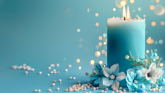 Burning blue candle with a flower on a blue background design