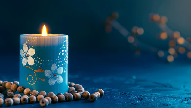 Burning blue candle with a flower on a blue background design