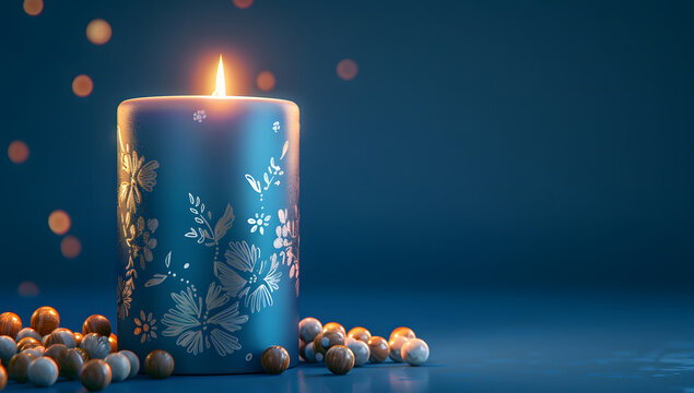 Burning blue candle with a flower on a blue background design