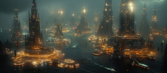 Wall Mural - Futuristic Cityscape with Tall Towers and Boats