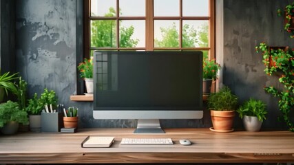 Wall Mural - A minimalist home office space with a desktop computer on a wooden desk in front of a large window, surrounded by potted plants.