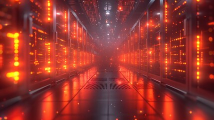 Canvas Print - A futuristic server room with rows of illuminated servers, creating a mesmerizing and awe-inspiring scene.