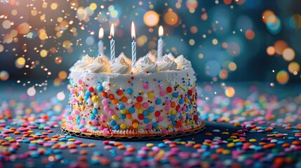Poster - A colorful birthday cake, adorned with playful frosting and sprinkles, sits center stage against a dreamy, blue bokeh background. The cake's candles glow brightly. Generative AI.