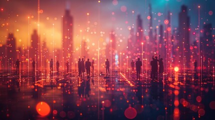 Poster - Silhouettes of People in a Cityscape with Glowing Lights