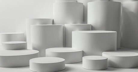 Aufkleber - A group of white cylindrical blocks are stacked on top and arranged in an abstract and geometric pattern, clean background with soft lighting to highlight the minimalist design. Generative AI.