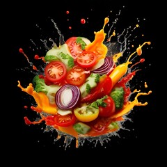 Sticker - A vibrant explosion of colorful vegetables, including tomatoes, onions, peppers, and cucumbers, surrounded by splashes of red, yellow, and green juices, creating a dynamic and appetizing scene.