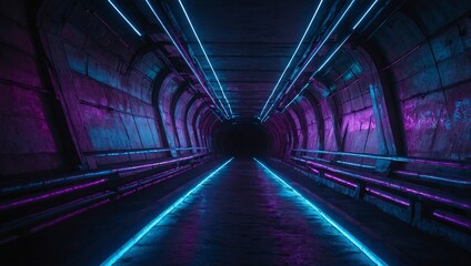 Poster - Modern cyber tunnel with neon lasers, purple and blue glow, grunge concrete stage