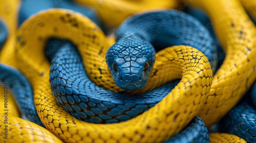 A vibrant blue and yellow snake symbolizing the Python programming language's versatility and power.