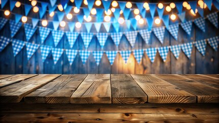 background with blue and white triangular flags, garlands and wooden floor. oktoberfest or other fes