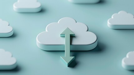 Poster - 3D illustration of cloud computing concept with arrows indicating upload and download, representing data transfer and storage.