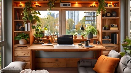Poster - A small apartment study space with a wooden desk, shelves, and a laptop, overlooking a city. The room is decorated with plants and a couch with a throw blanket.