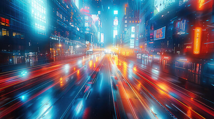 Poster - Vibrant cityscape in motion blur, dynamic urban energy captured, streaks of light against the skyline, diagonal composition, bustling city life, vibrant colors. Generative AI.