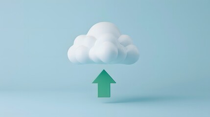 3D render of a cloud icon with a green arrow pointing upwards, symbolizing cloud upload technology over a light blue background.