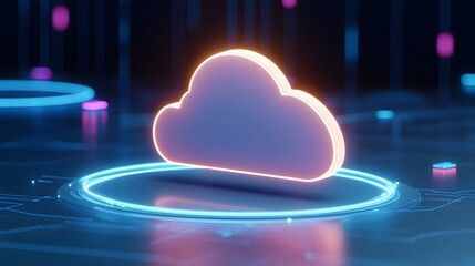 Poster - 3D rendering of a glowing cloud icon symbolizing cloud computing, data storage, and technological innovation in a futuristic setting.