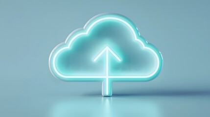 Poster - 3D rendering of a glowing cloud icon with an up arrow, symbolizing cloud computing, storage, and data uploading on a blue background.