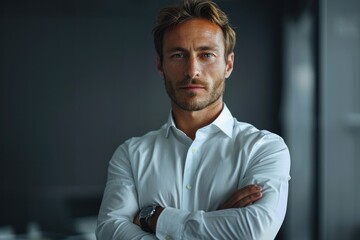 Poster - Businessman with crossed arms, corporate man, corporate employee, office background, clear facial feature. Generative AI.