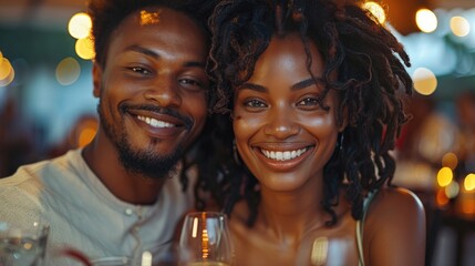 Poster - An African American couple enjoying a romantic dinner at home and drinking wine. Generative AI.