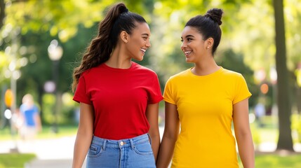 Two women are walking together in a park, one wearing a red shirt and the other wearing a yellow shirt. They are smiling and seem to be enjoying each other's company