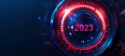 Poster - Sleek digital speedometer with red light highlighting the new year 2023 in futuristic design