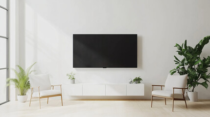  3D rendering mockup of a white TV paired with an armchair in a living room, set against a white wall.