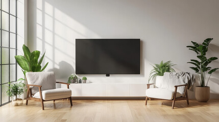 Wall Mural - 3D rendering mockup of a white TV paired with an armchair in a living room, set against a white wall.