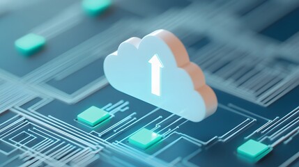 Poster - Cloud computing concept with digital interface, data storage, technology infrastructure, network, and cyber security theme.