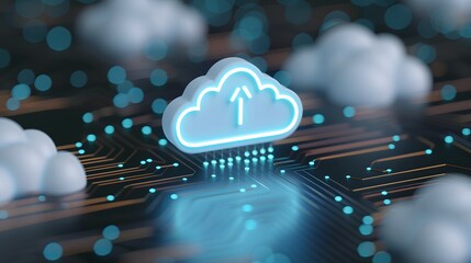 Poster - Cloud computing technology concept showing a glowing cloud icon and circuit board, representing data storage and online services.
