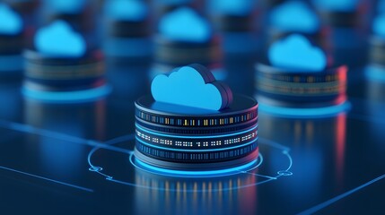 Poster - Cloud storage technology concept with glowing network server stacks in a futuristic data center. Secure data management.
