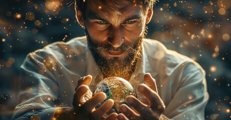 Fototapete - Powerful, happy, joyful man, holding the planet in his hands, particles. Generative AI.