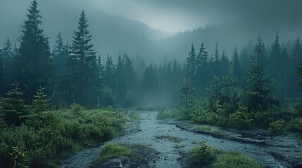 Aufkleber - Wet coniferous forest, after the rain, dark sky in the distance. Generative AI.