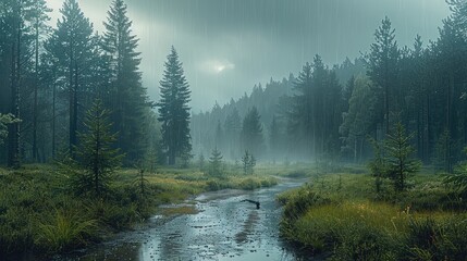 Aufkleber - Wet coniferous forest, after the rain, dark sky in the distance. Generative AI.