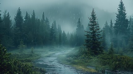 Aufkleber - Wet coniferous forest, after the rain, dark sky in the distance. Generative AI.