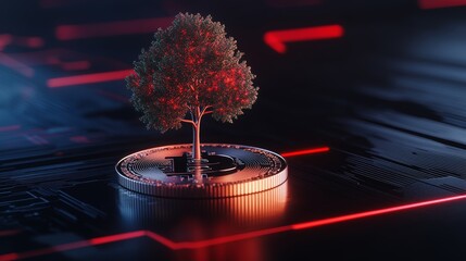Poster - Tree on coin, holographic business growth, futuristic digital environment, neon highlights, financial technology, copy space for text, ultra HD