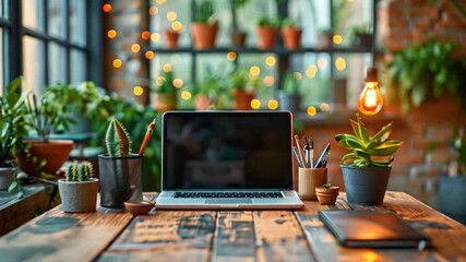 Poster - A laptop sits on a rustic wooden desk, surrounded by potted plants and a hanging lightbulb.