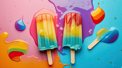 Wall Mural - Top View of Popsicle Melting Isolated on White Background, High-Resolution Frozen Treat, Vibrant and Colorful Popsicle, Clean and Minimalist Design, Ideal for Summer and Food Photography, Melting Ice