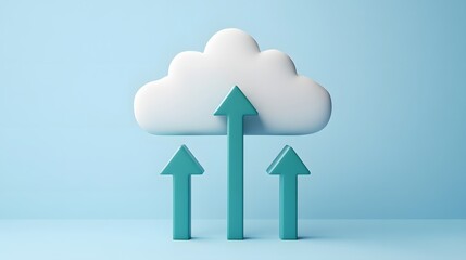 Poster - Digital concept of cloud computing with blue arrows pointing upwards on a pastel background. Symbolizing growth and data upload.