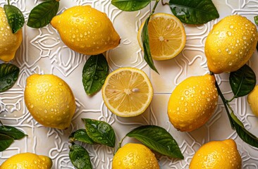 Wall Mural - Freshly washed lemons with water droplets on green leaves in a vibrant arrangement