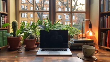 Poster - A cozy home office desk setup with a laptop, a cup of coffee, and a stack of books, all set against a large window overlooking a city street.