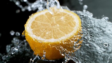 Wall Mural - Super Slow Motion of Lemon Slice With Water Splashes . Isolated on Black Background. Filmed on High Speed Cinema Camera, 1000 Fps