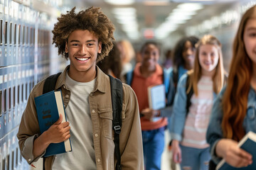 Canvas Print - High School Hallway Bustling with Students and Textbooks  