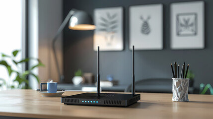 Wall Mural - A black wireless router sits on a wooden desk in a modern home office. The router has two antennas that are extended upwards. There are a few pencils in a white pencil holder next to the router and a 