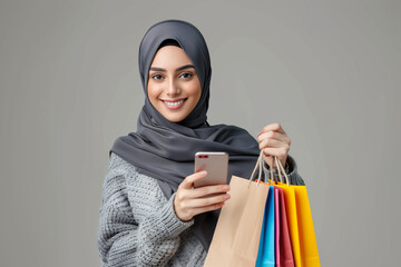 Arab Muslim woman holding smartphone and bright shopping bags on studio background