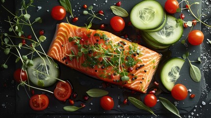 Wall Mural - Salmon vegetables herbs plate food dark background. top view. Generative AI.