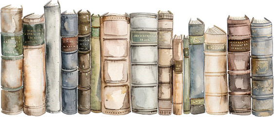 A row of old books with a blue and white background. The books are lined up in a row and are of different sizes