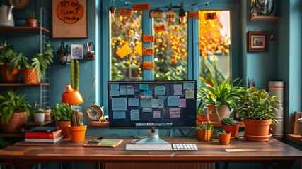 Poster - A home office desk with plants, computer display with notes, and books on shelves. Large window overlooking tree-filled yard, with potted plants nearby
