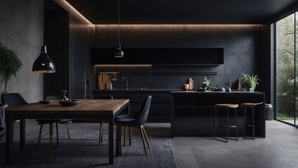 Wall Mural - Modern kitchen with black color scheme