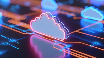 Poster - Neon cloud computing network digital concept with glowing blue and orange lines, representing modern data storage and connectivity.