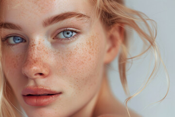 Close-up of a young person with flawless skin, blue eyes, and freckles gazing directly into the camera.